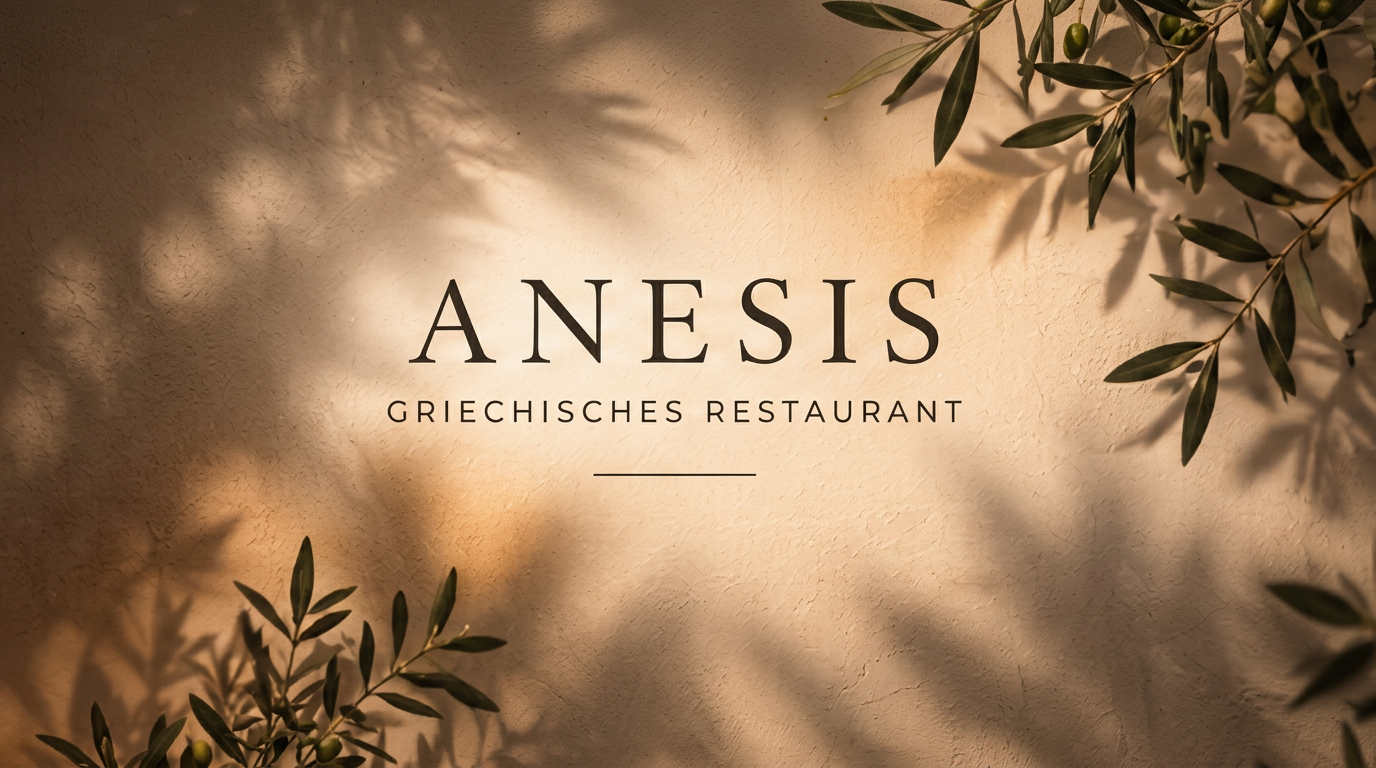 ANESIS Griechisches Restaurant – Schriftzug auf warmer Wand mit Olivenzweigen